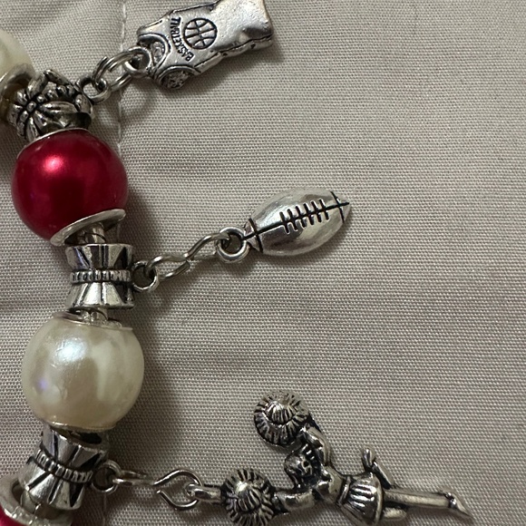 Handmade – NWOT – 925 SS plated charm bracelet, red & white beads, sports charms - Picture 12 of 14